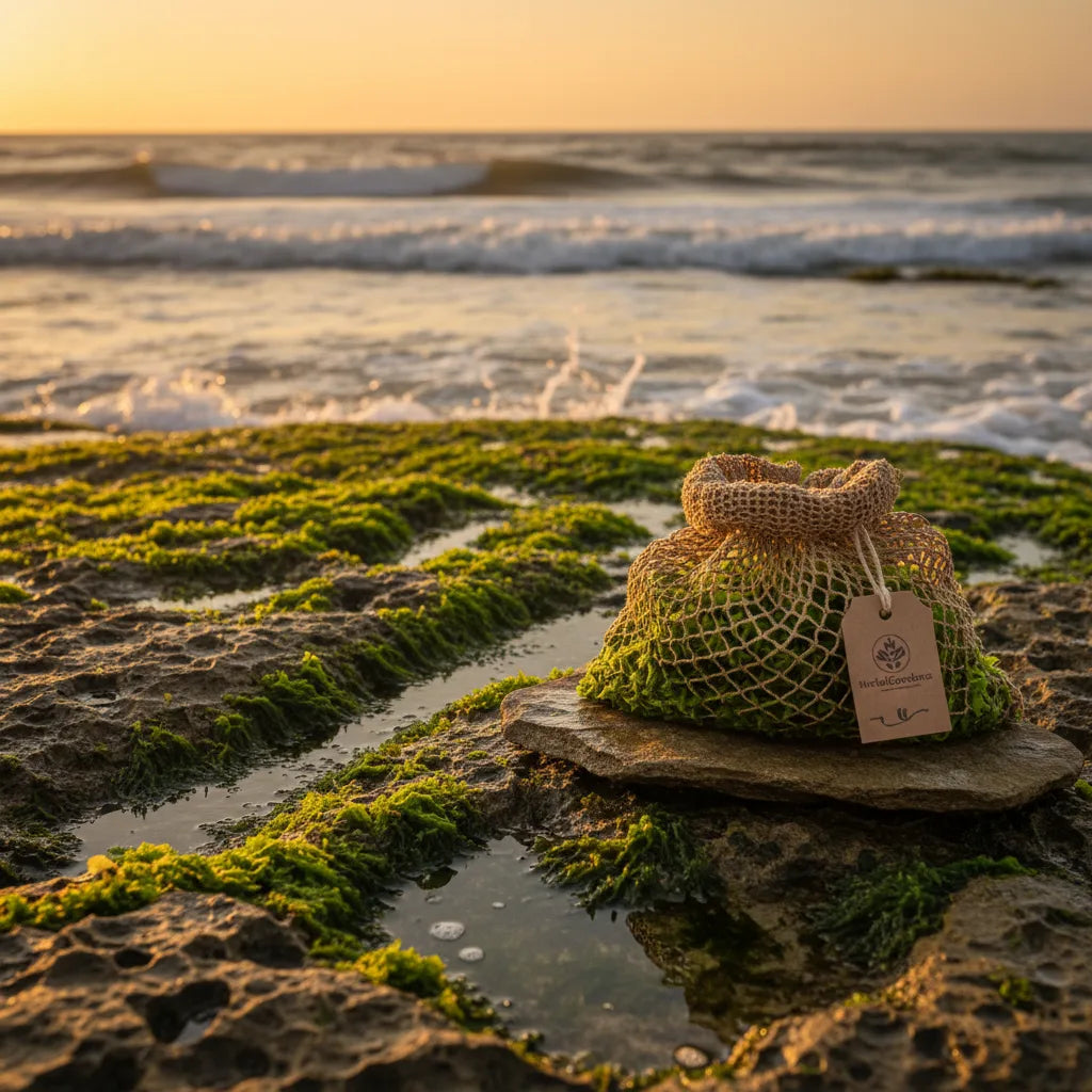 Freshly harvested genuine sea moss in tidepool