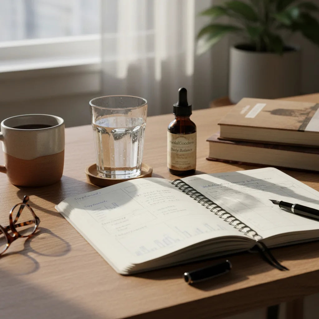 Open wellness journal beside HerbalGoodness supplement bottle