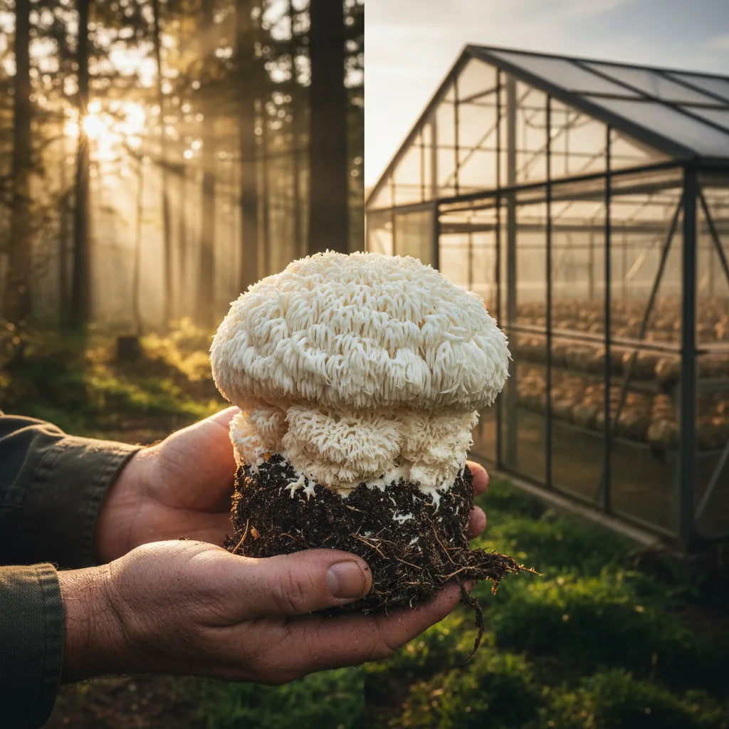 Farmer's hands holding wild and cultivated lion's mane