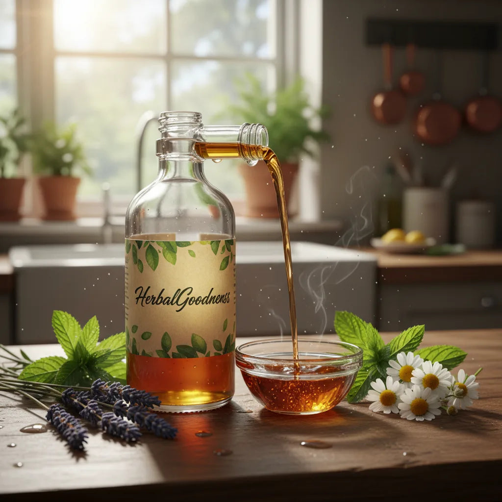 Pouring herbal extract among fresh aromatic herbs