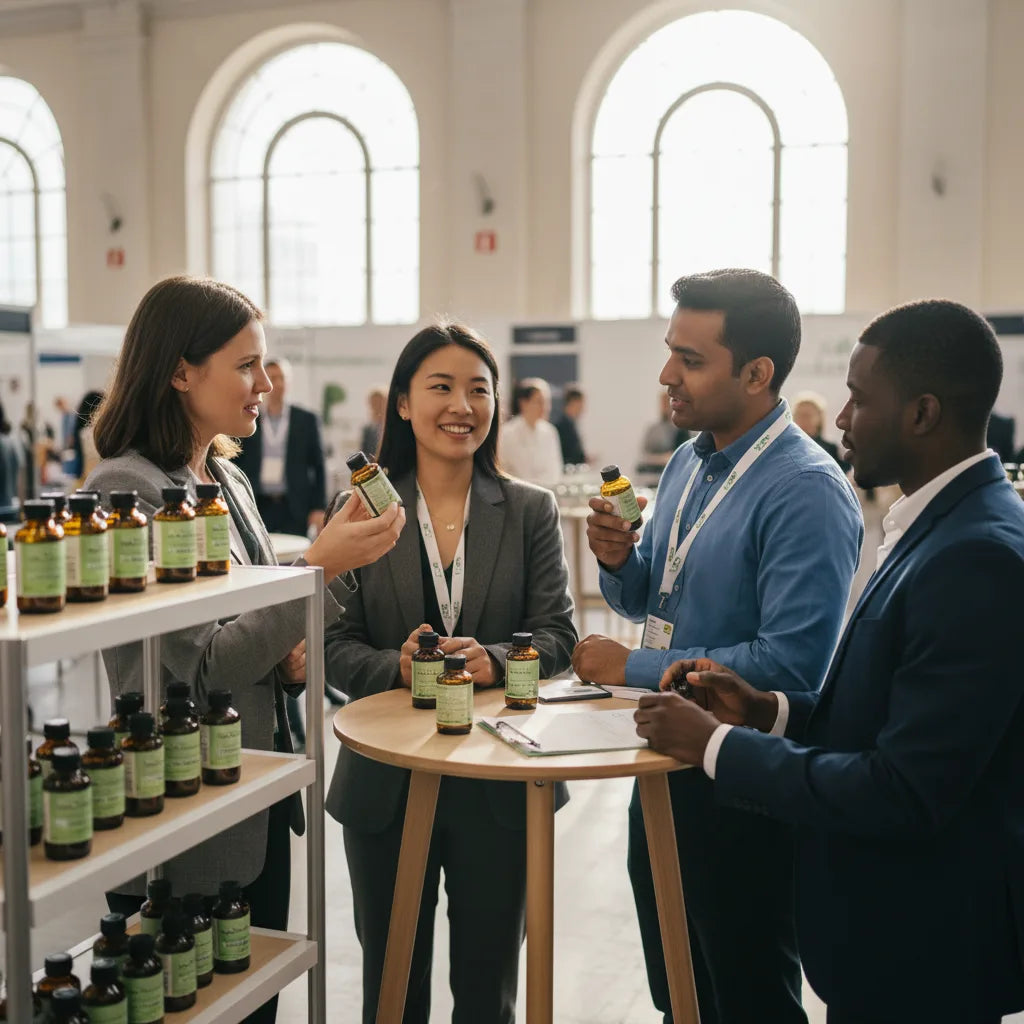 Trade-show professionals evaluating herbal supplement supplier