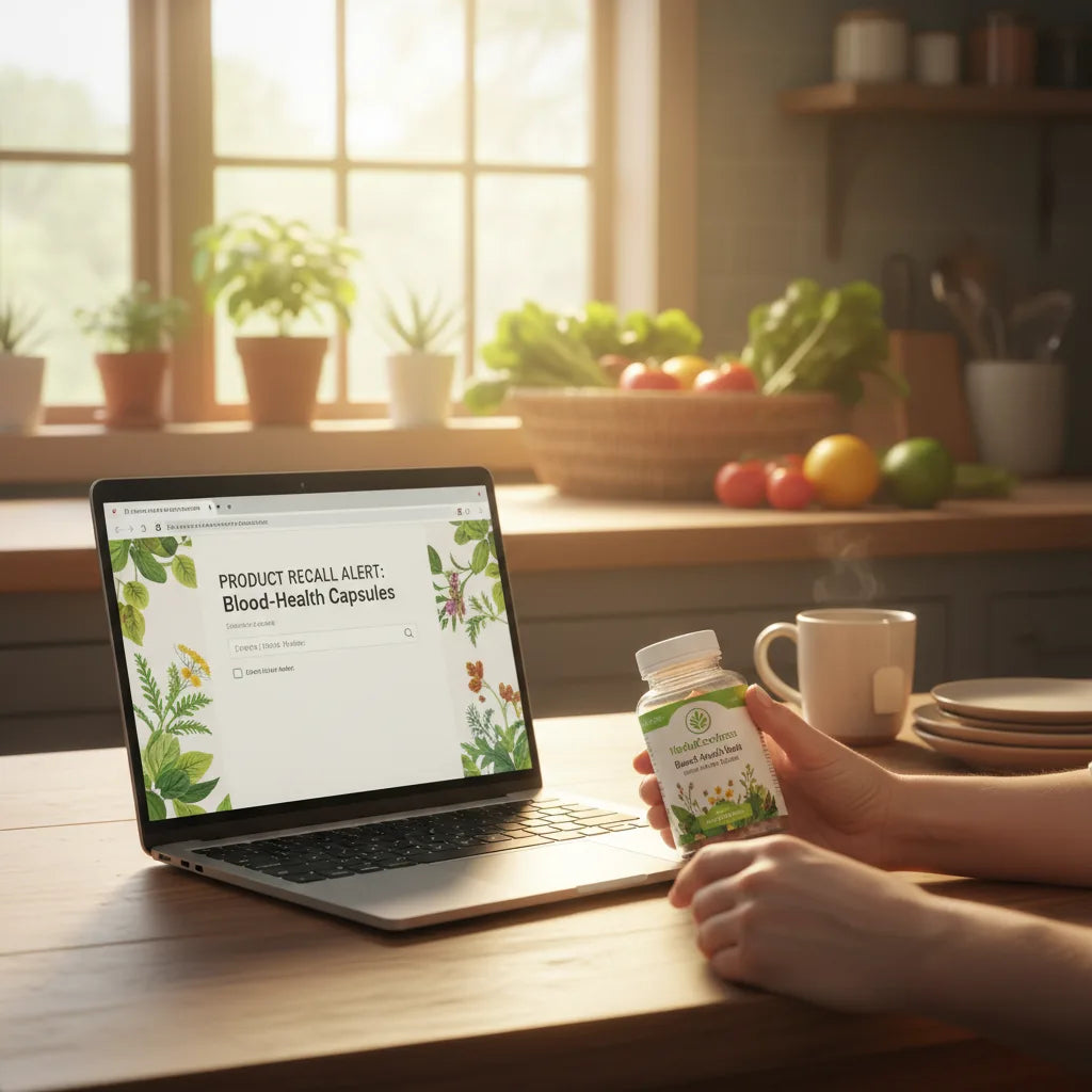 Hand inspecting herbal bottle by laptop window
