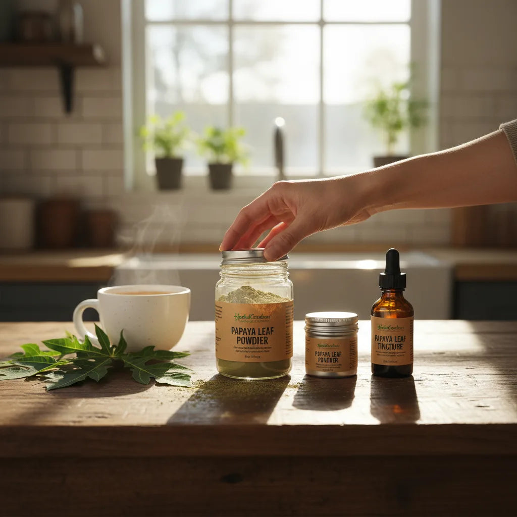 Hand opens papaya extract jar in kitchen