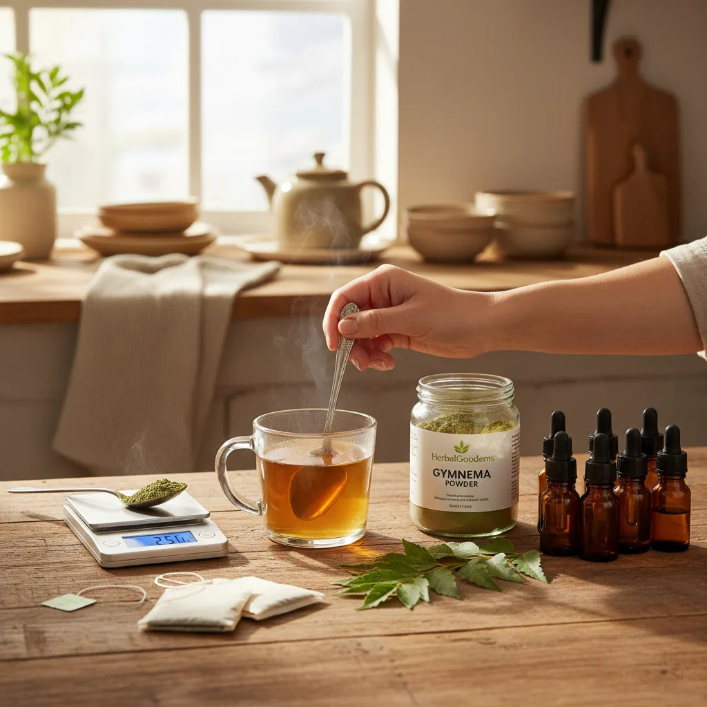 Hands preparing gymnema tea with conversions
