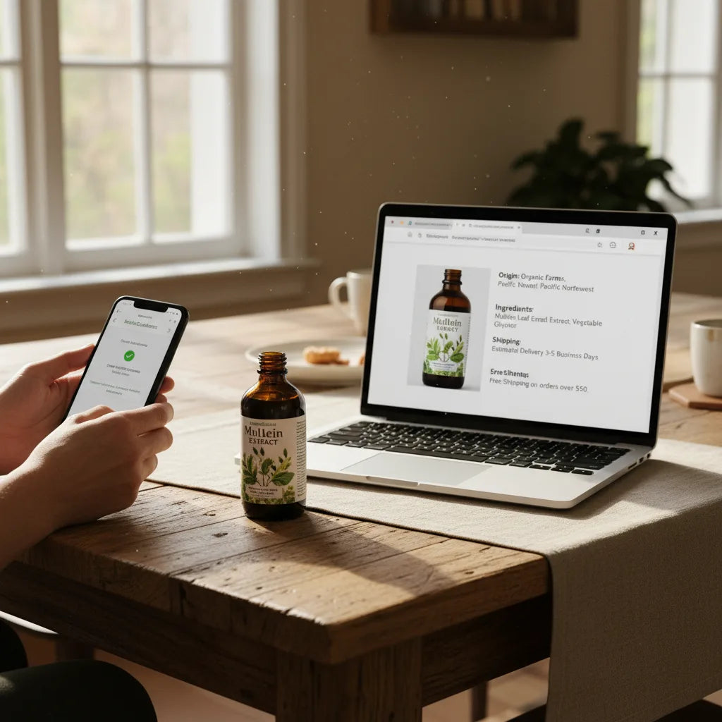 Person examining mullein extract shopping details