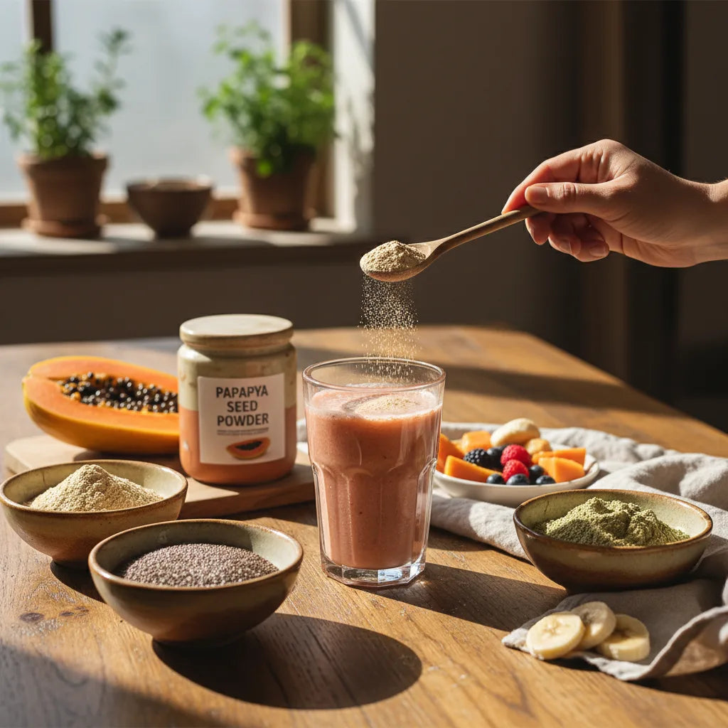 Pouring papaya seed powder into smoothie