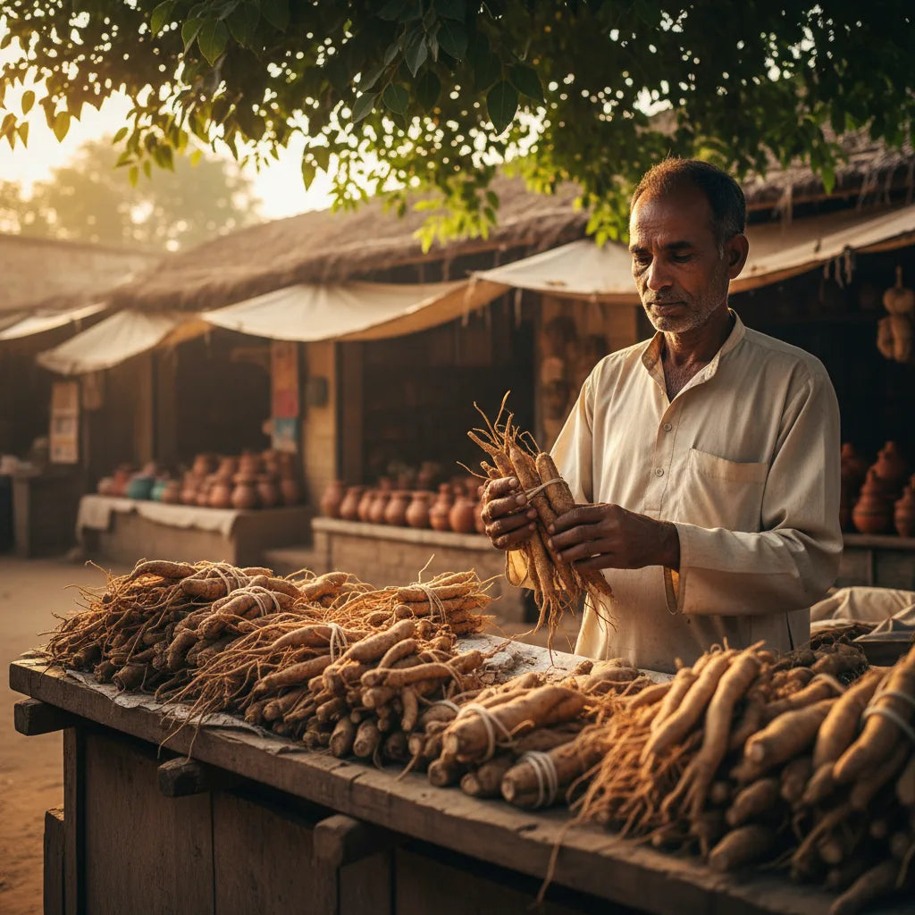 Herbalist arranging fresh ashwagandha at market