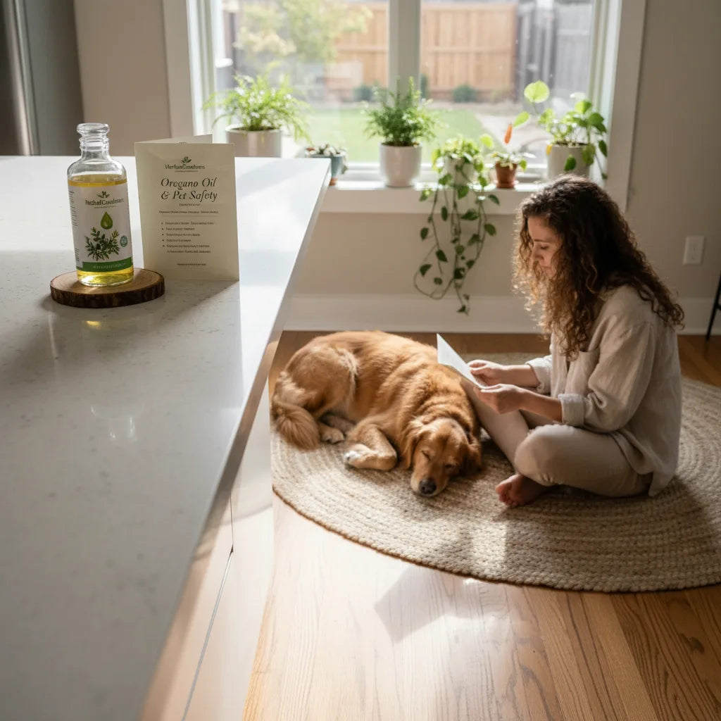 Woman reads oregano oil label near dog.
