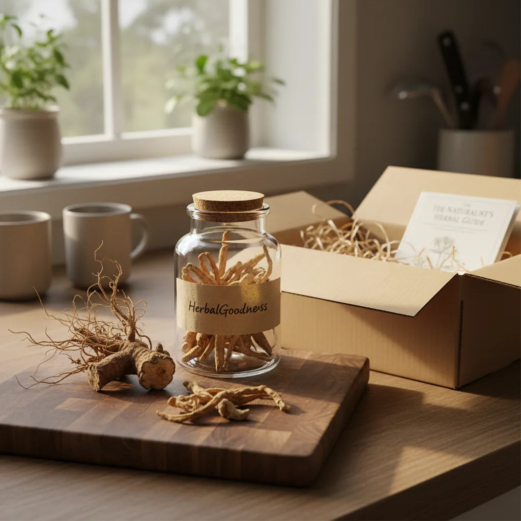 Gentian root and HerbalGoodness jar on counter