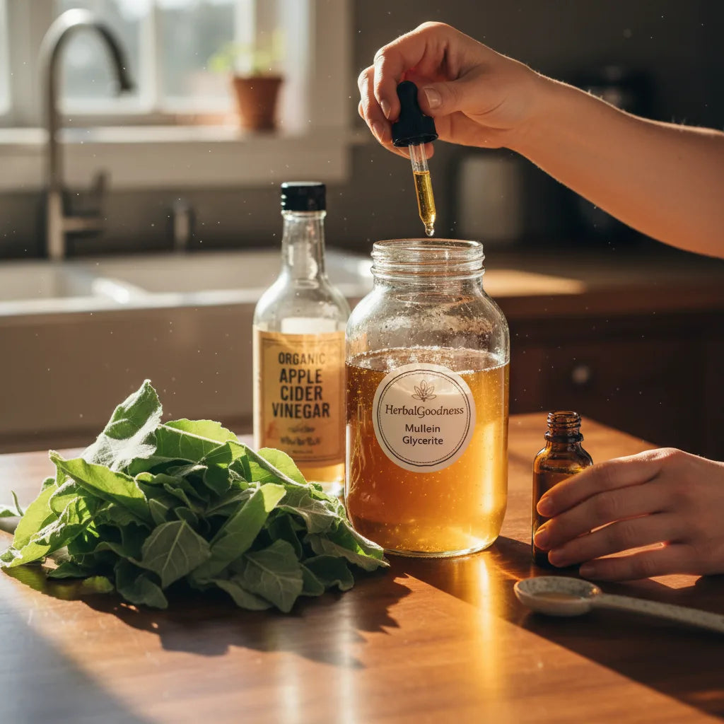 Hands preparing mullein extract in kitchen