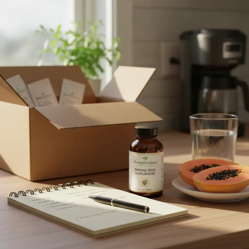 Papaya seed supplement sample with notepad