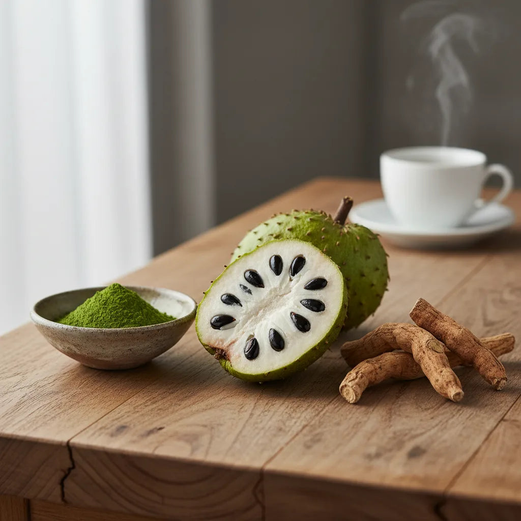 Soursop, moringa, and ashwagandha on kitchen table