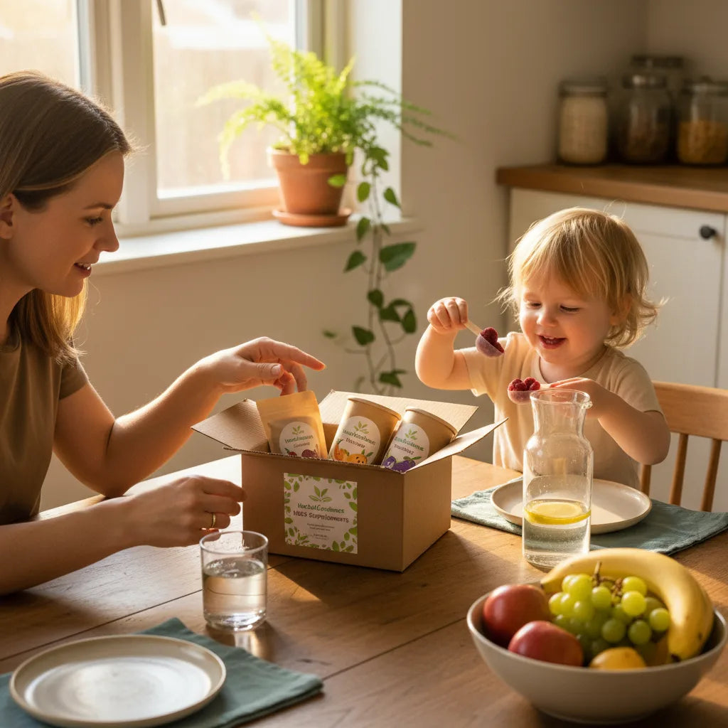 Parent and child unpacking sustainable supplement box