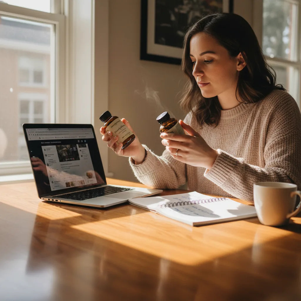 Woman researching liquid hair supplements online