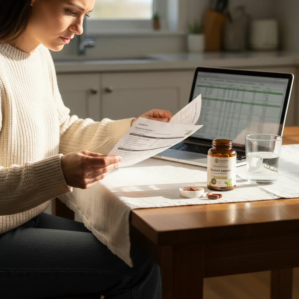 Person reviews lab report with supplements.