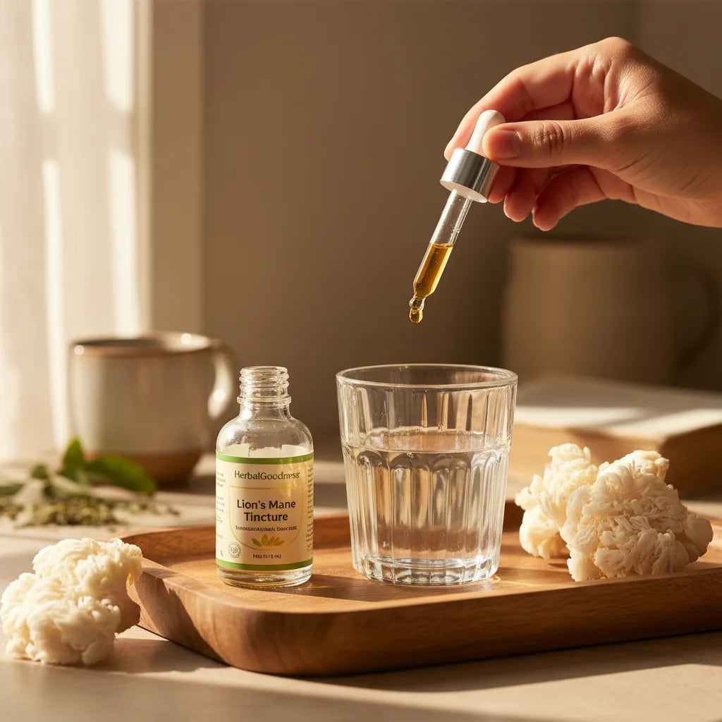 Hand dropping lion’s mane tincture into water