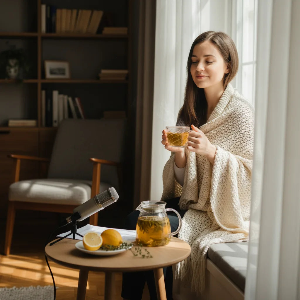 Singer enjoys mullein tea in natural light