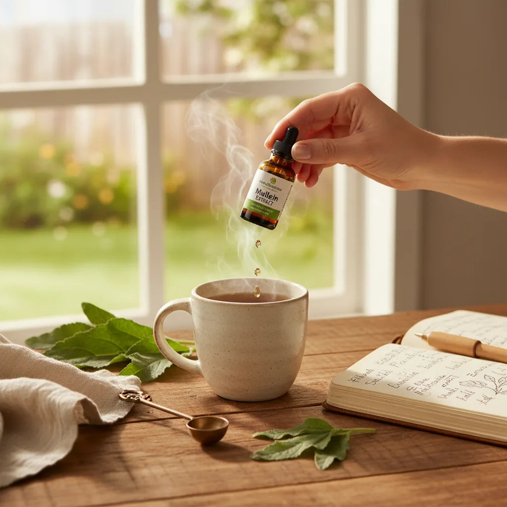 Hand adding mullein drops to morning tea