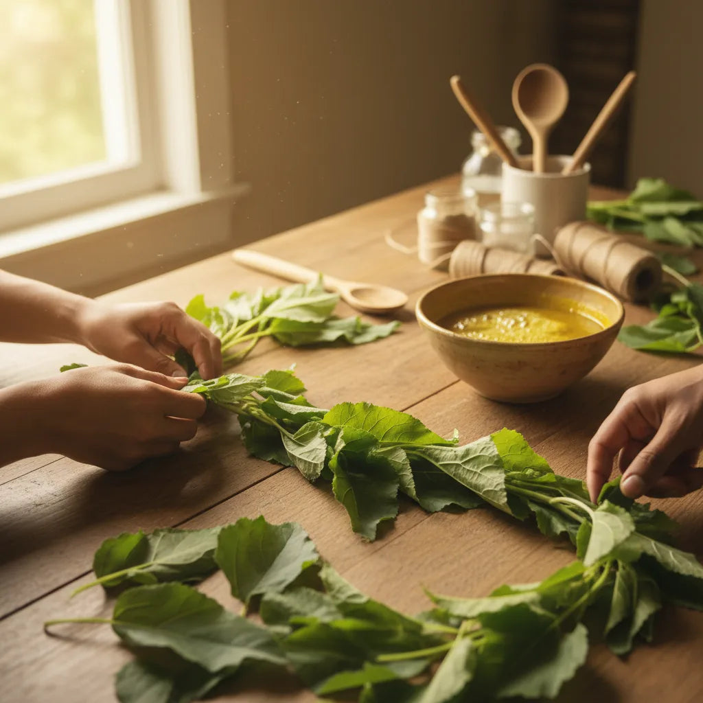 Creating mullein garland on farmhouse table
