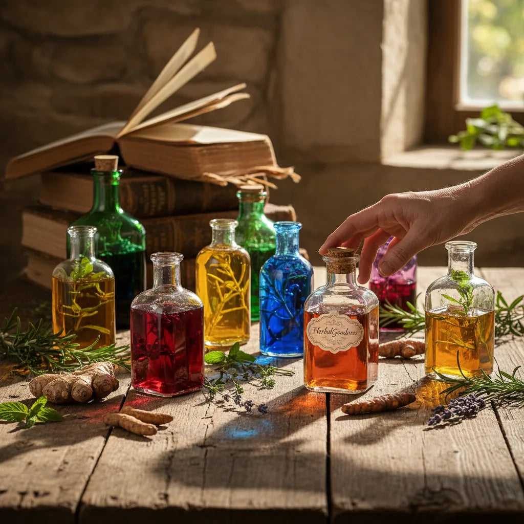 Hand reaching for historic herbal elixirs bottle