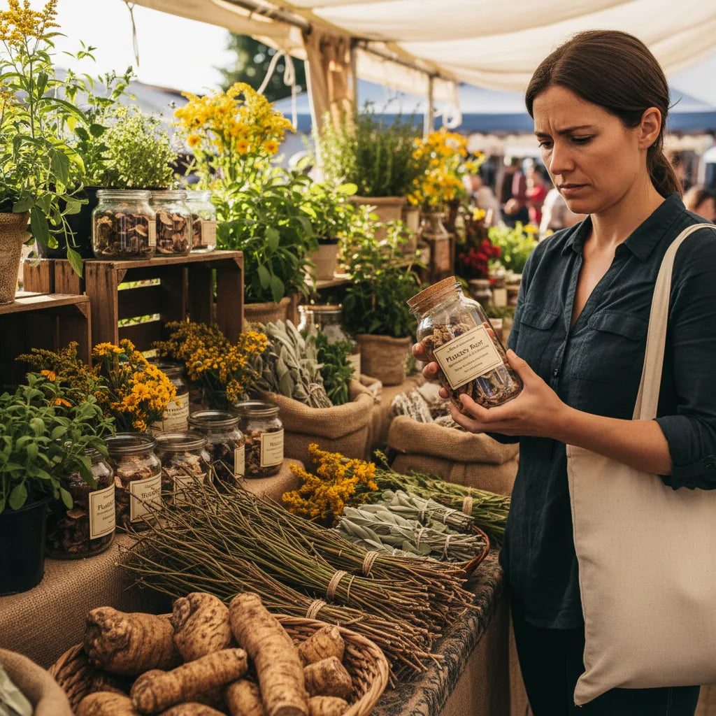 Shopper examines pleurisy root at market
