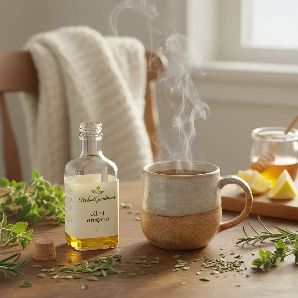Winter herbal pantry with oil of oregano