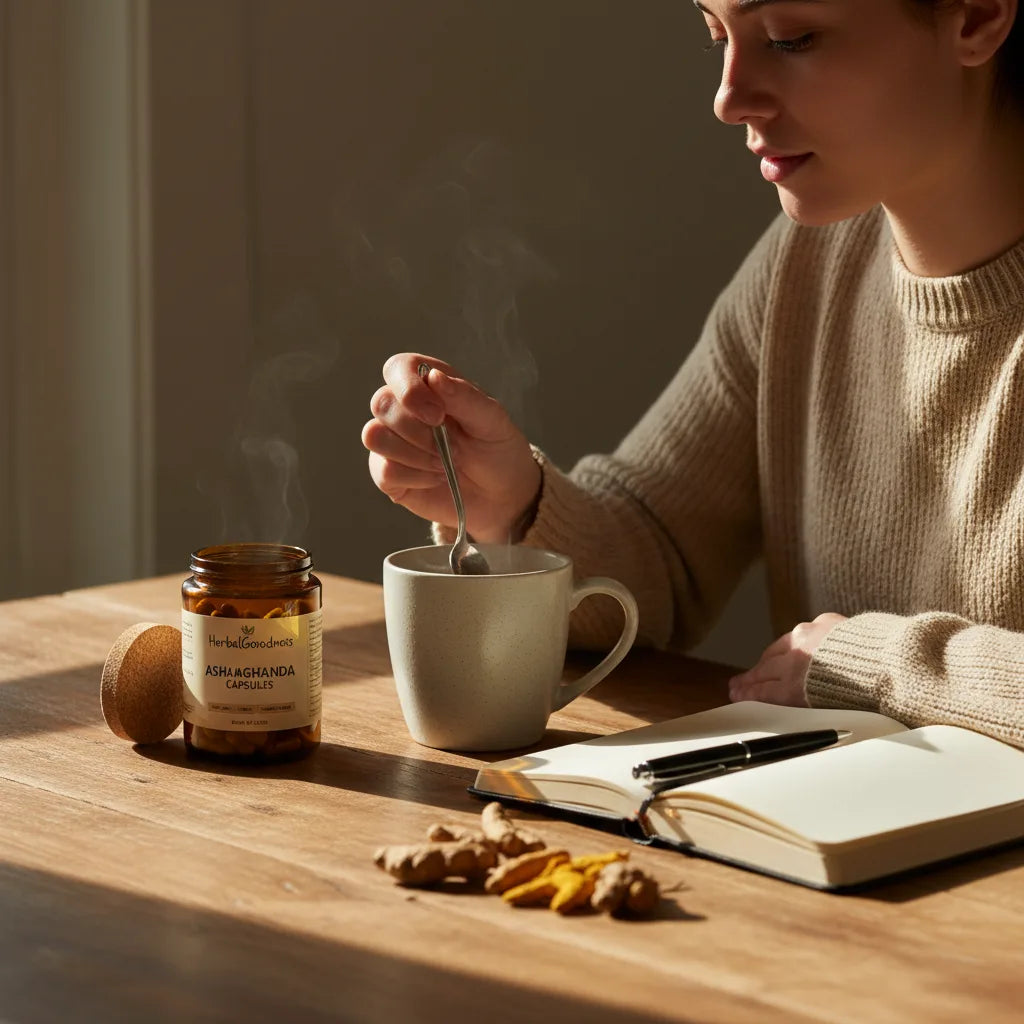 Morning focus ritual with ashwagandha and journaling