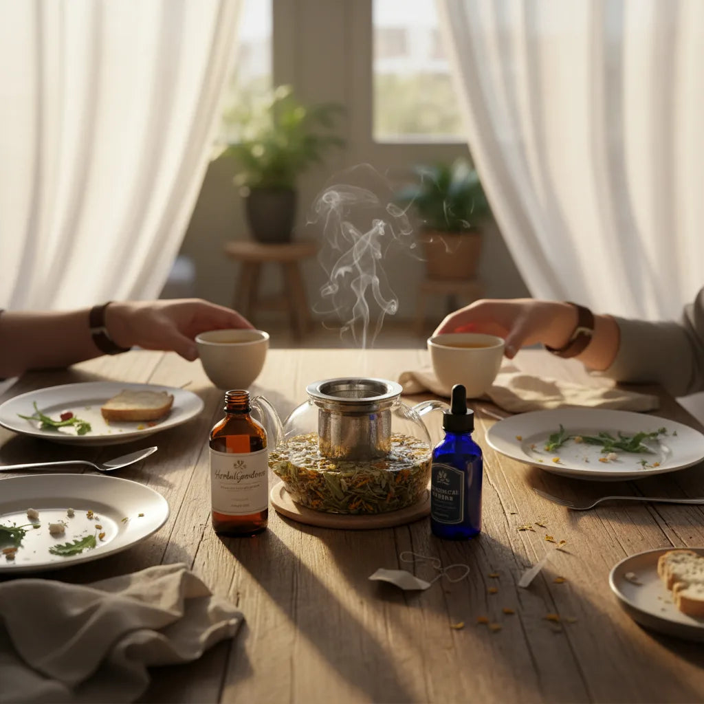 After-meal herbal tea and tincture scene