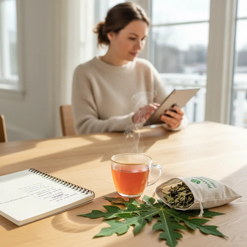 Woman reviews papaya tea notes in kitchen.