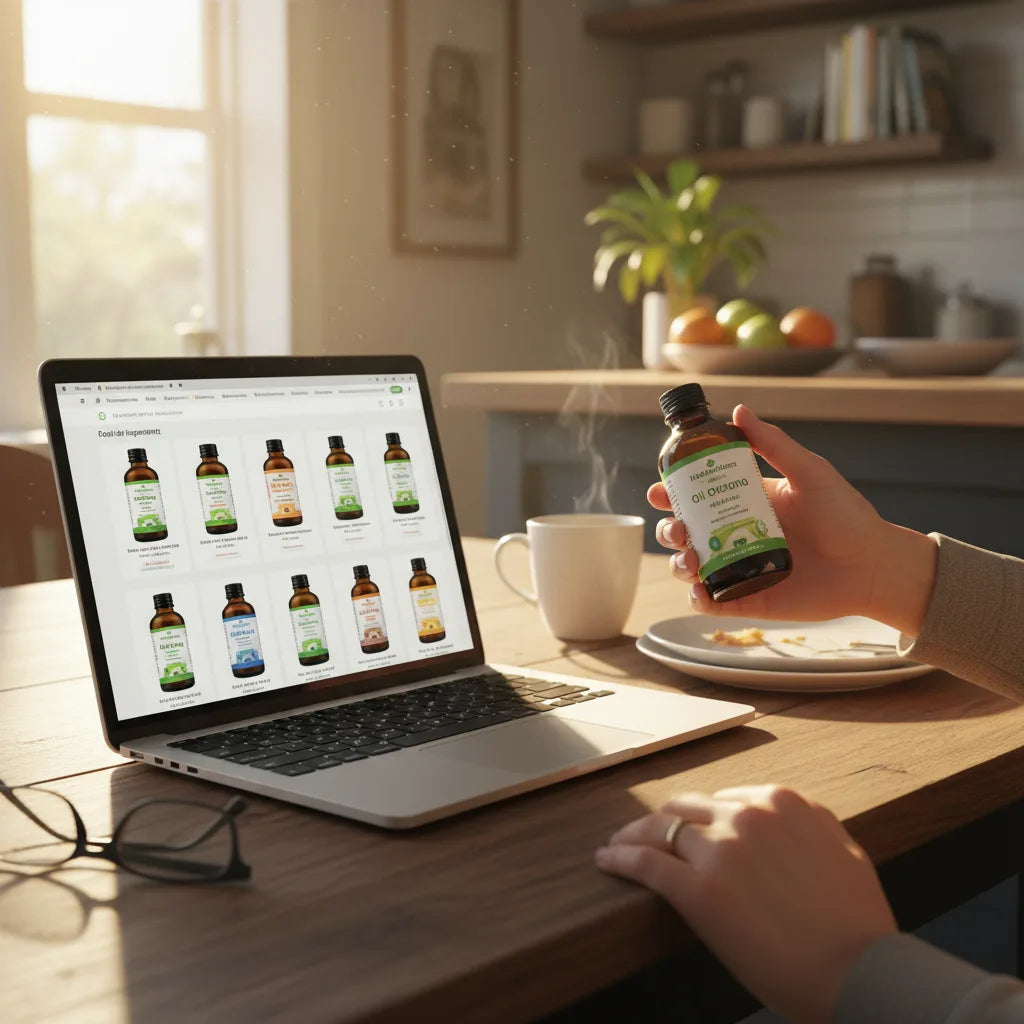 Shopper compares real and online oil bottles.