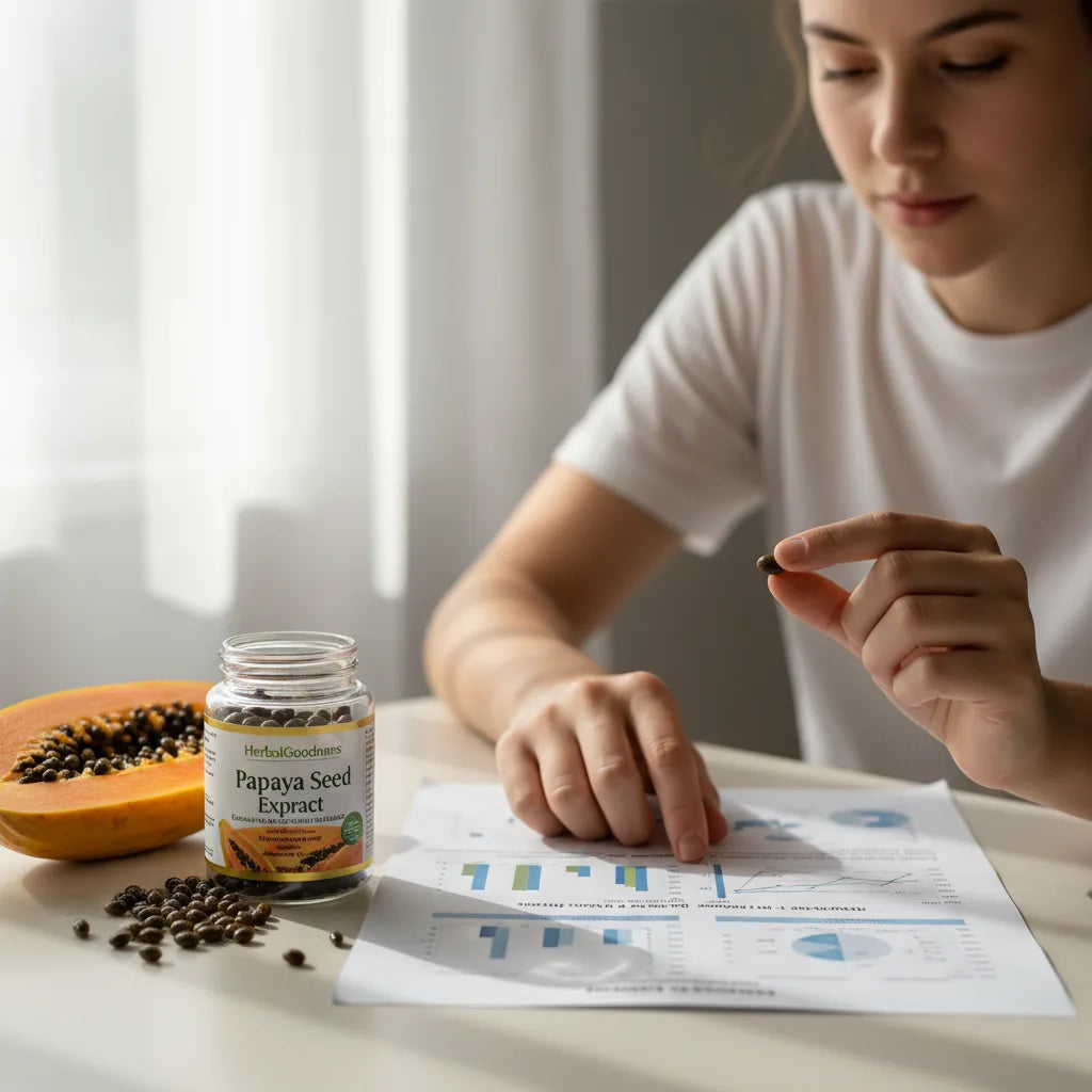 Person reviews lab report, papaya extract