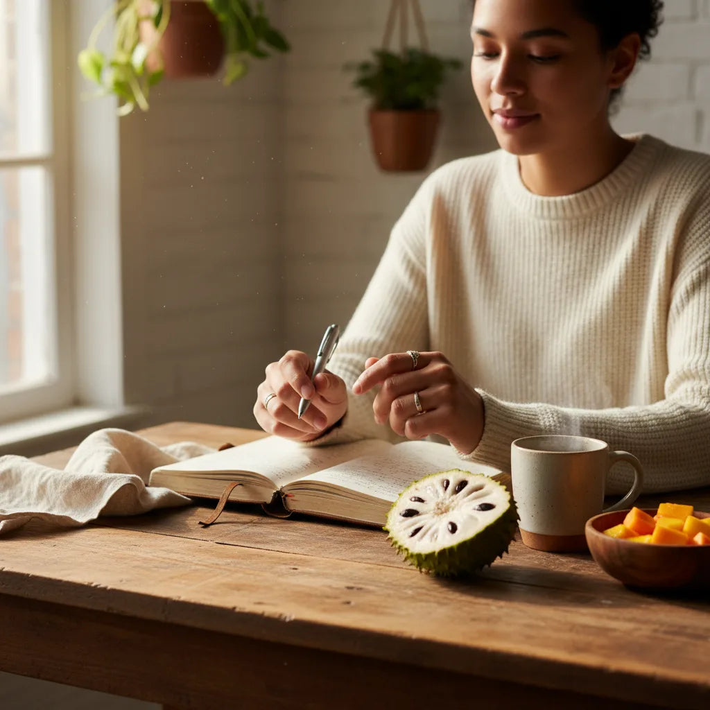Journaling with soursop tea and fruit