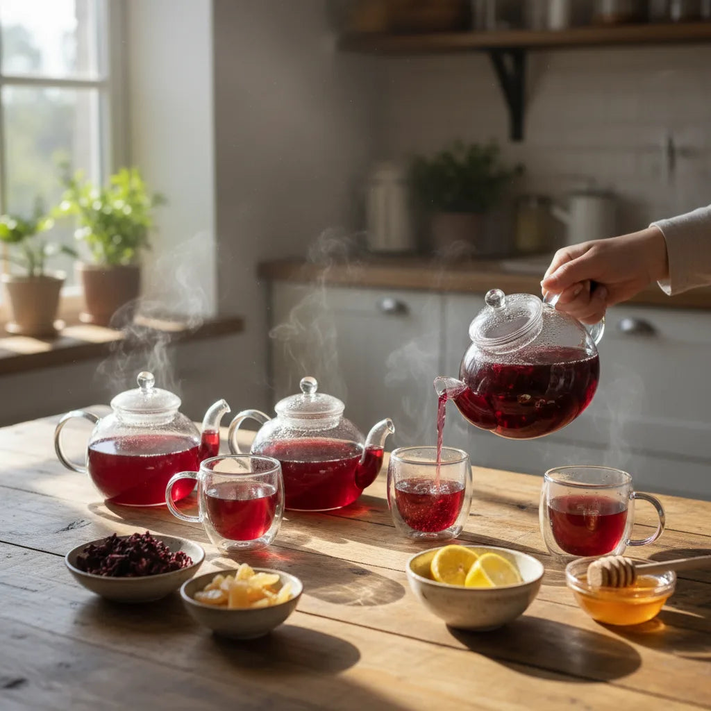 Hibiscus tea tasting setup in sunlit kitchen