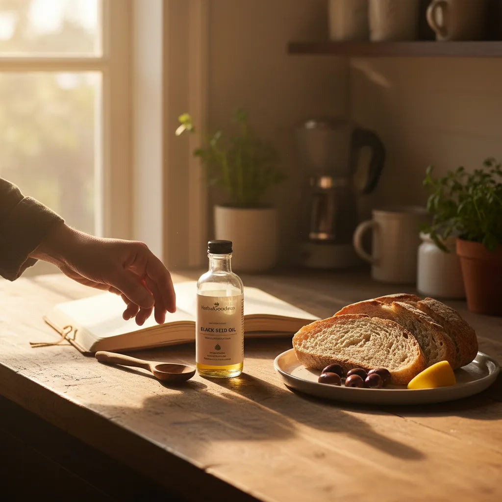 Hand reaching for black seed oil tasting