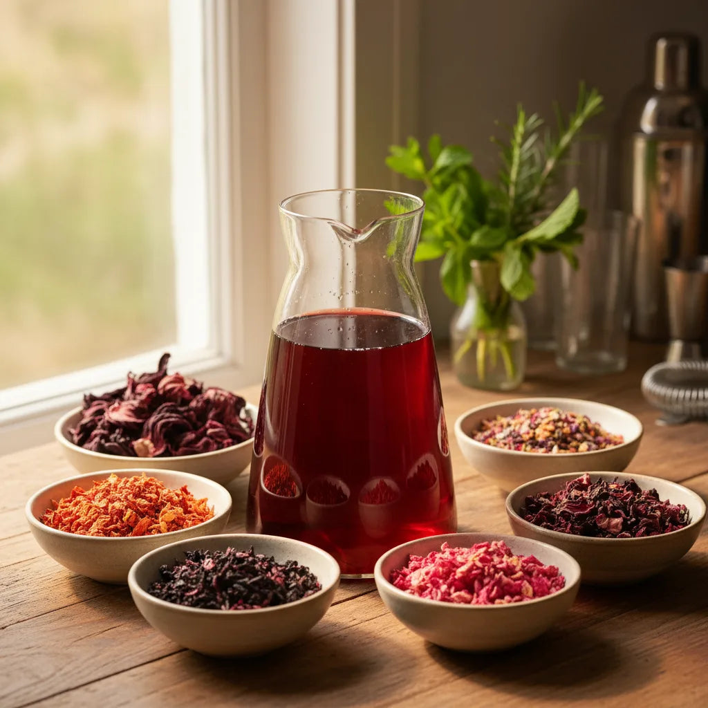 Assorted hibiscus teas and cuts on table