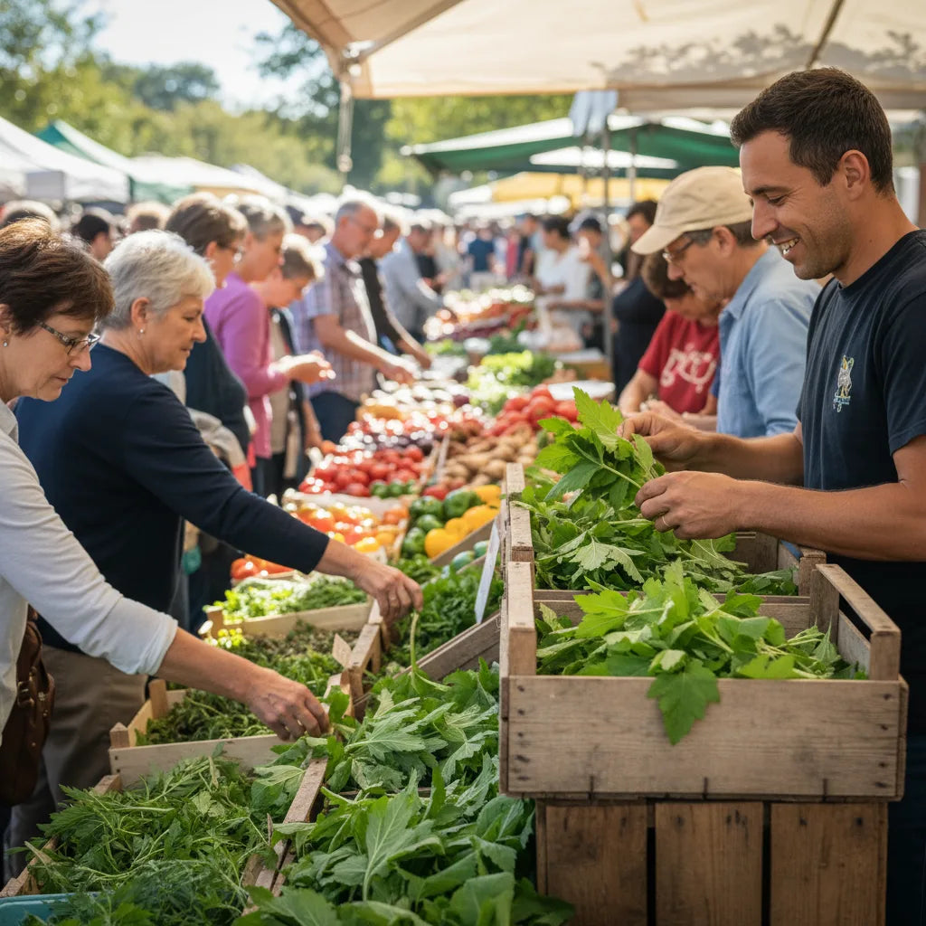 Farmers market mullein leaf stall closeup daylight