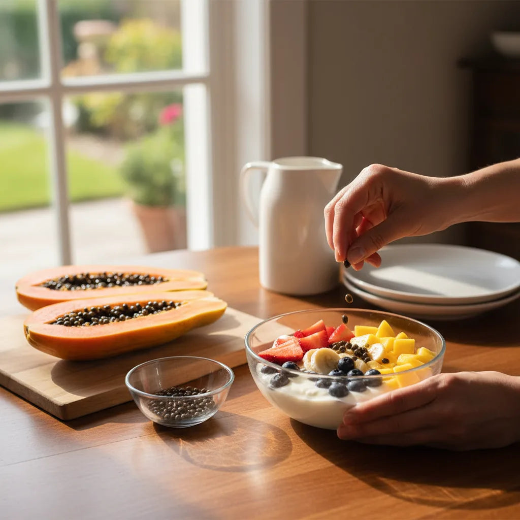 Hands add papaya seeds to breakfast bowl