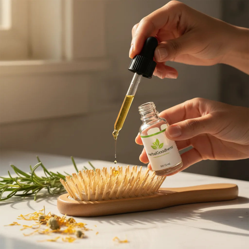 Applying herbal drops onto wooden hairbrush