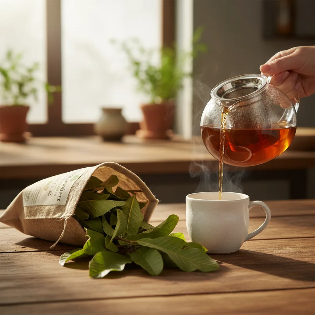 Pouring guava leaf tea in sunlit kitchen