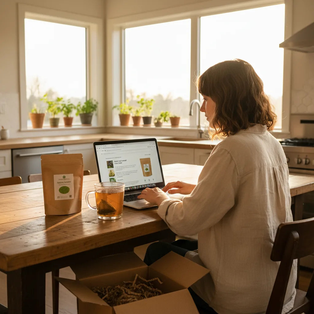 Woman shopping nettle leaf online at home