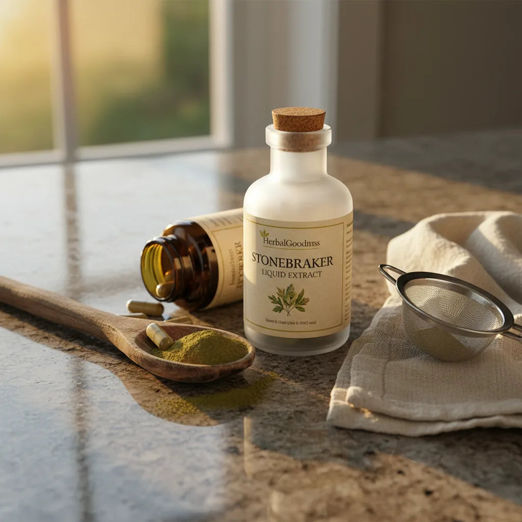 Stonebreaker liquid and capsules on sunlit counter