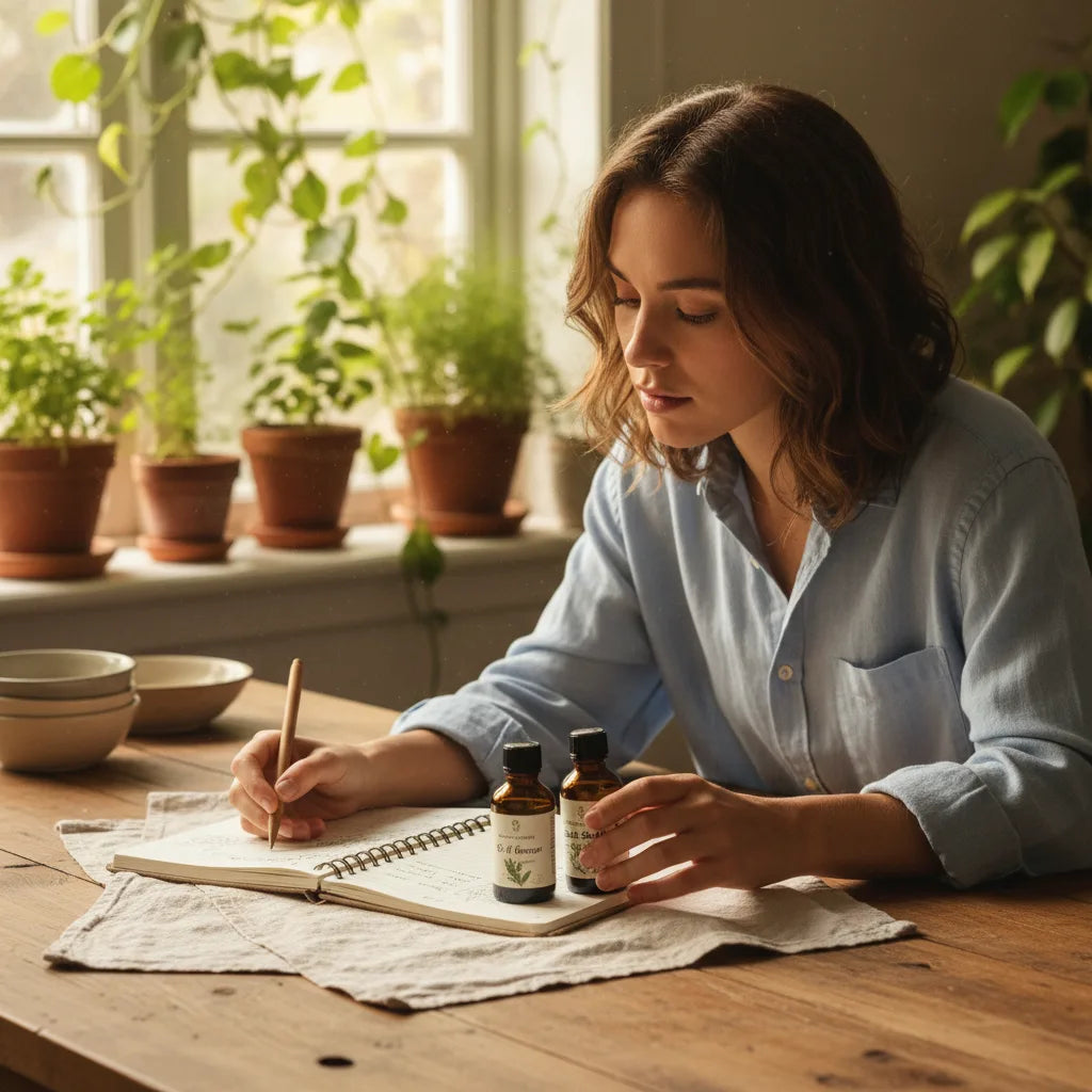 Hand journaling beside herbal oils in sunlight