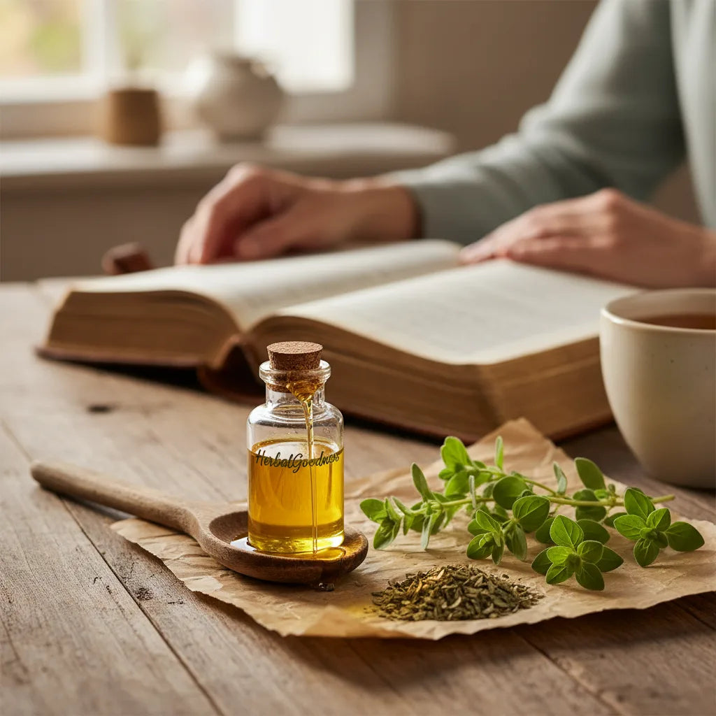 Oregano oil bottle with herbal journal