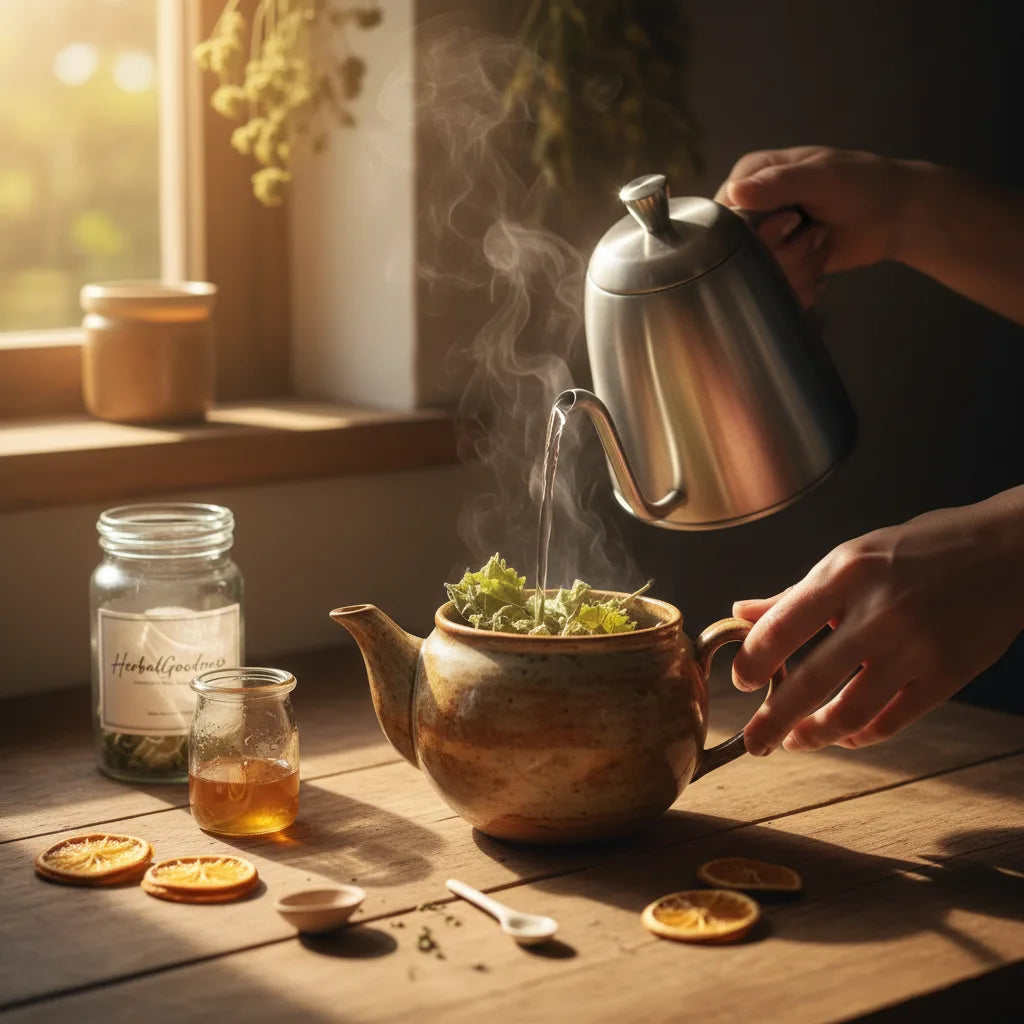 Brewing mullein tea in cozy kitchen light