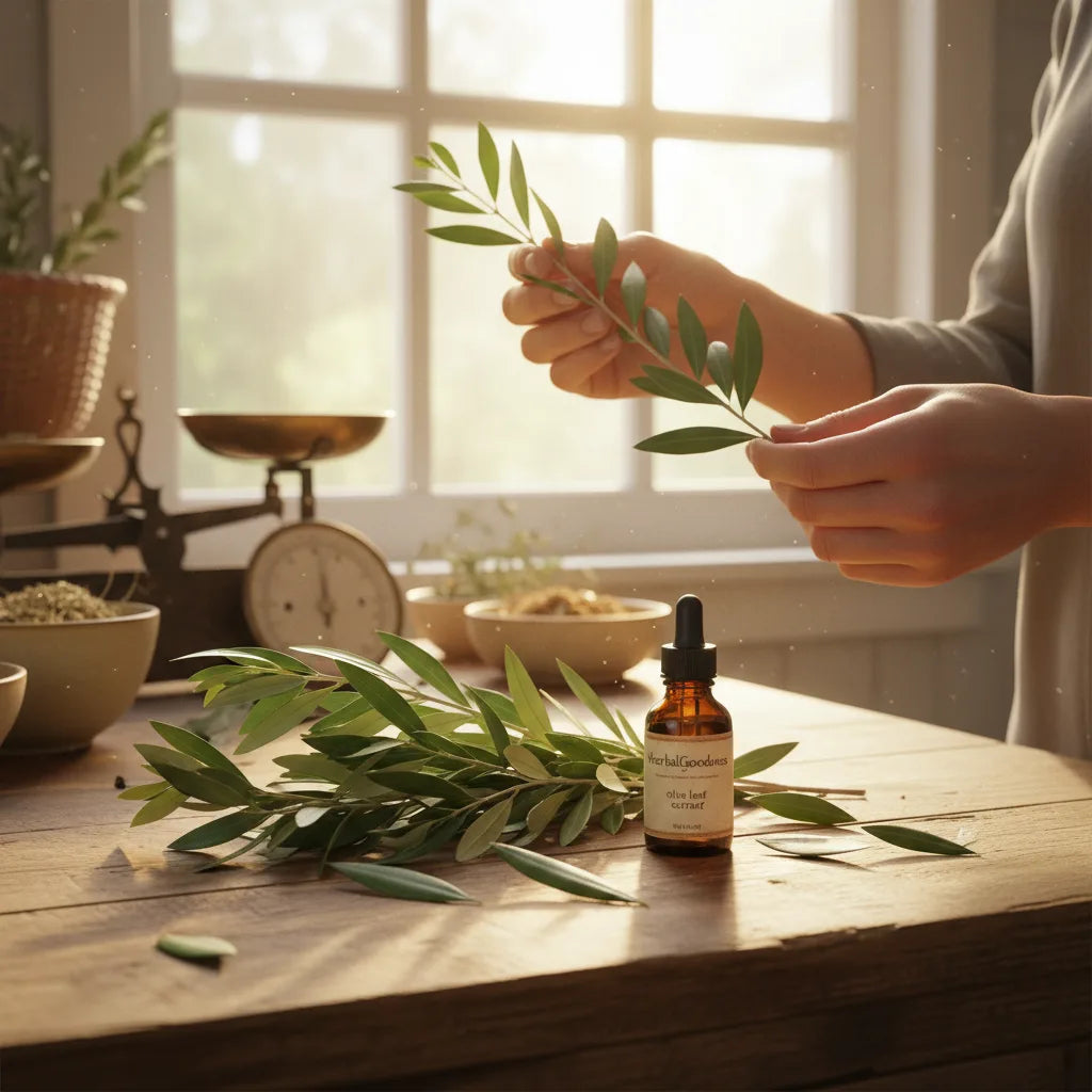Hands examine olive leaves and extract bottle