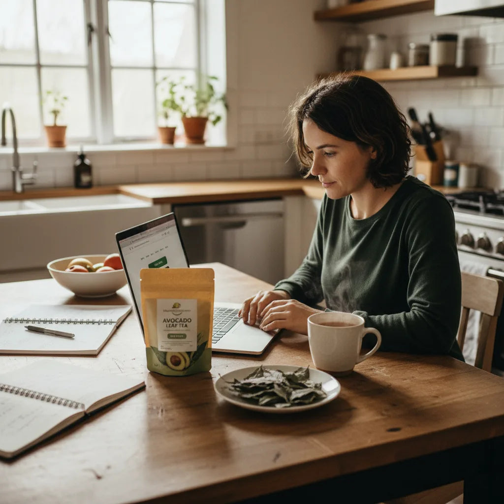 Browsing avocado leaf tea research at home