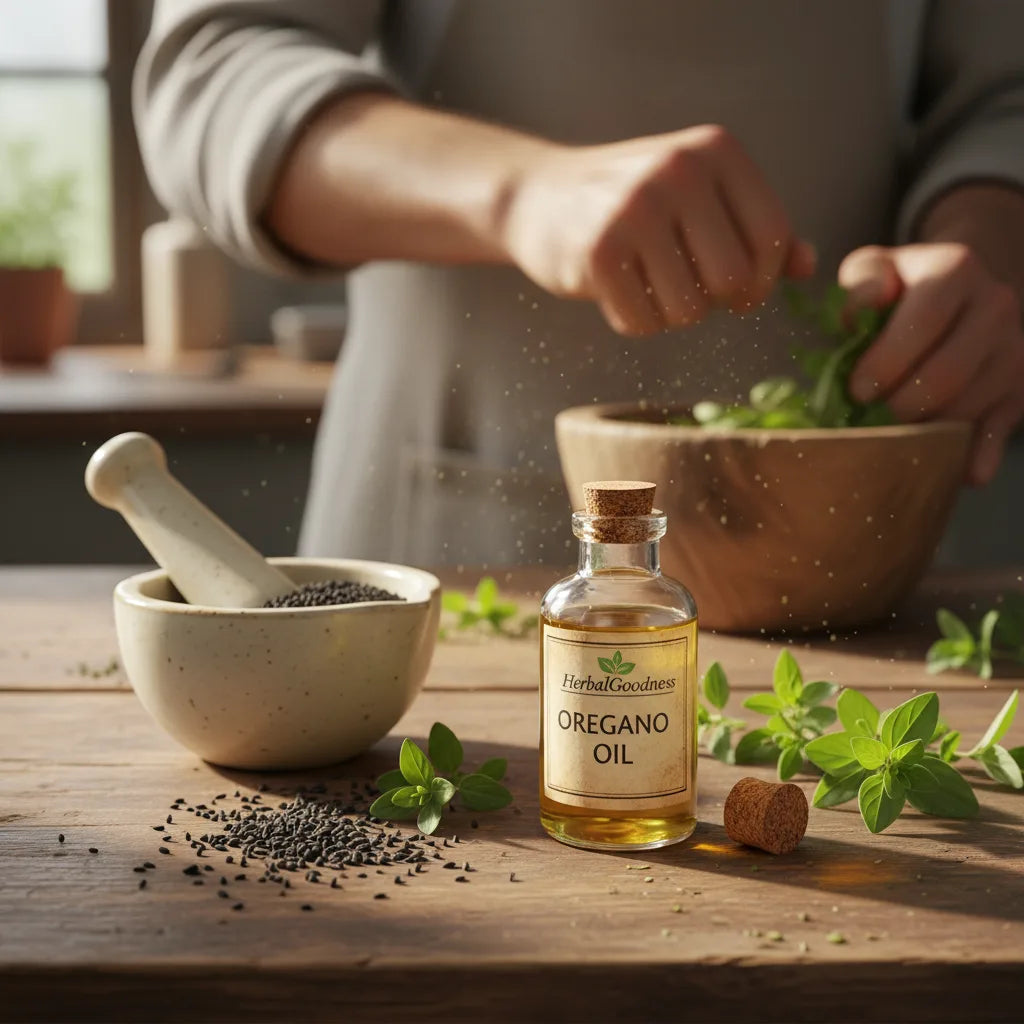 Culinary herbs and oils in home kitchen