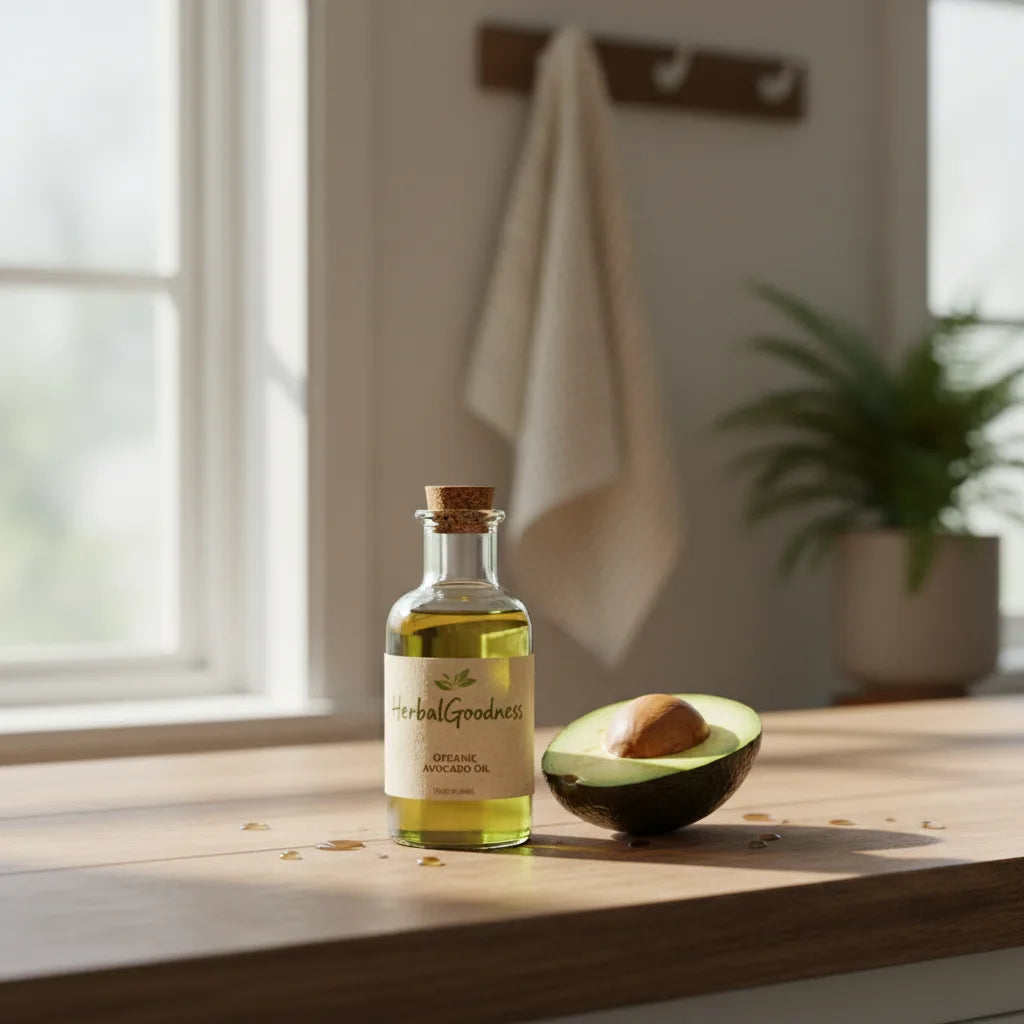 Avocado oil bottle beside fresh avocado fruit