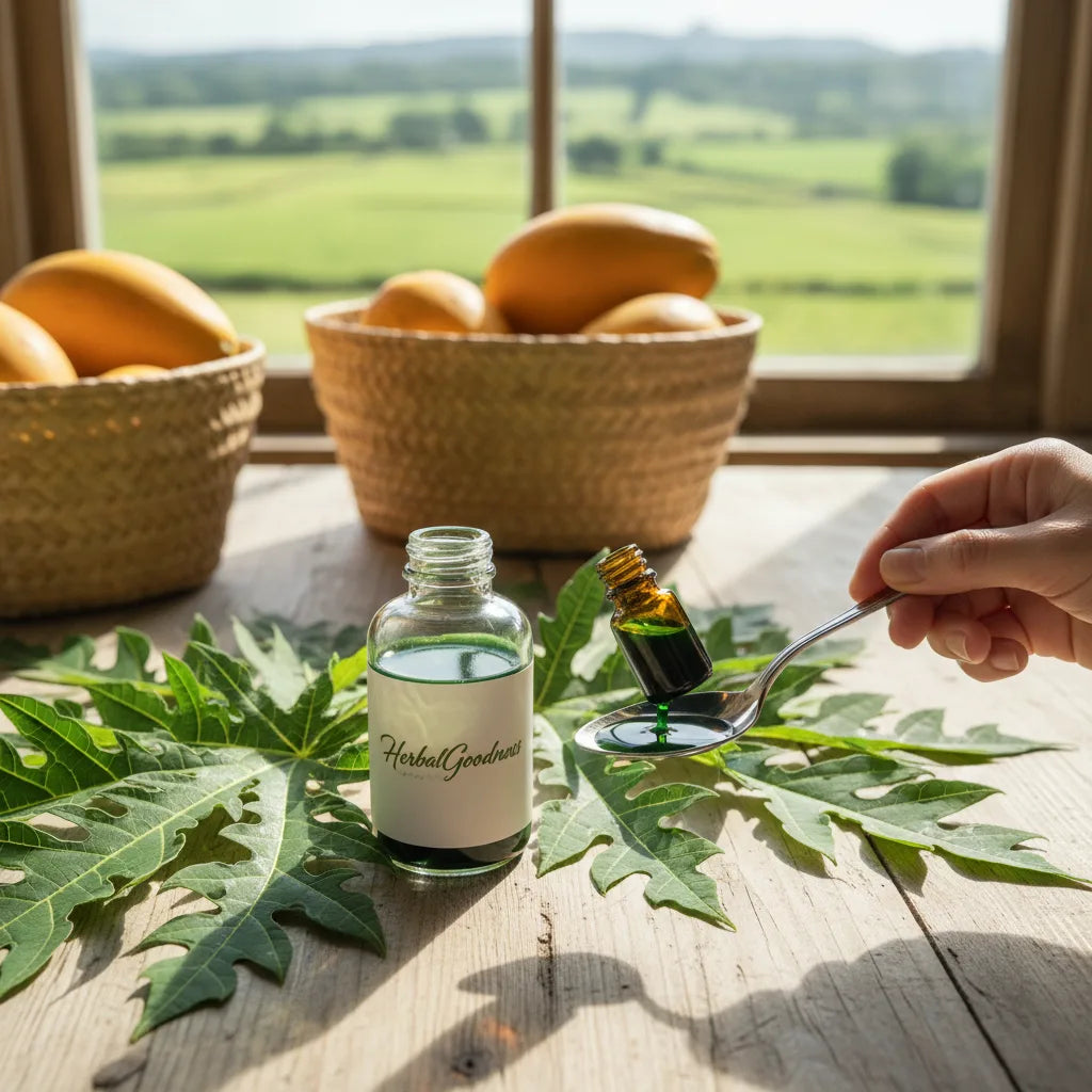 Pouring papaya leaf extract in natural kitchen