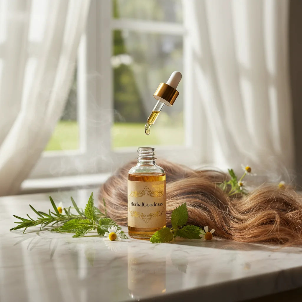 Dropper bottle and herbs over wavy hair
